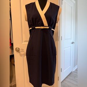 Calvin Klein Navy and Cream Belted Midi Dress